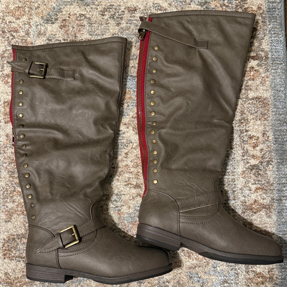 Taupe Knee-High Boots with Red Accents (Brand New)